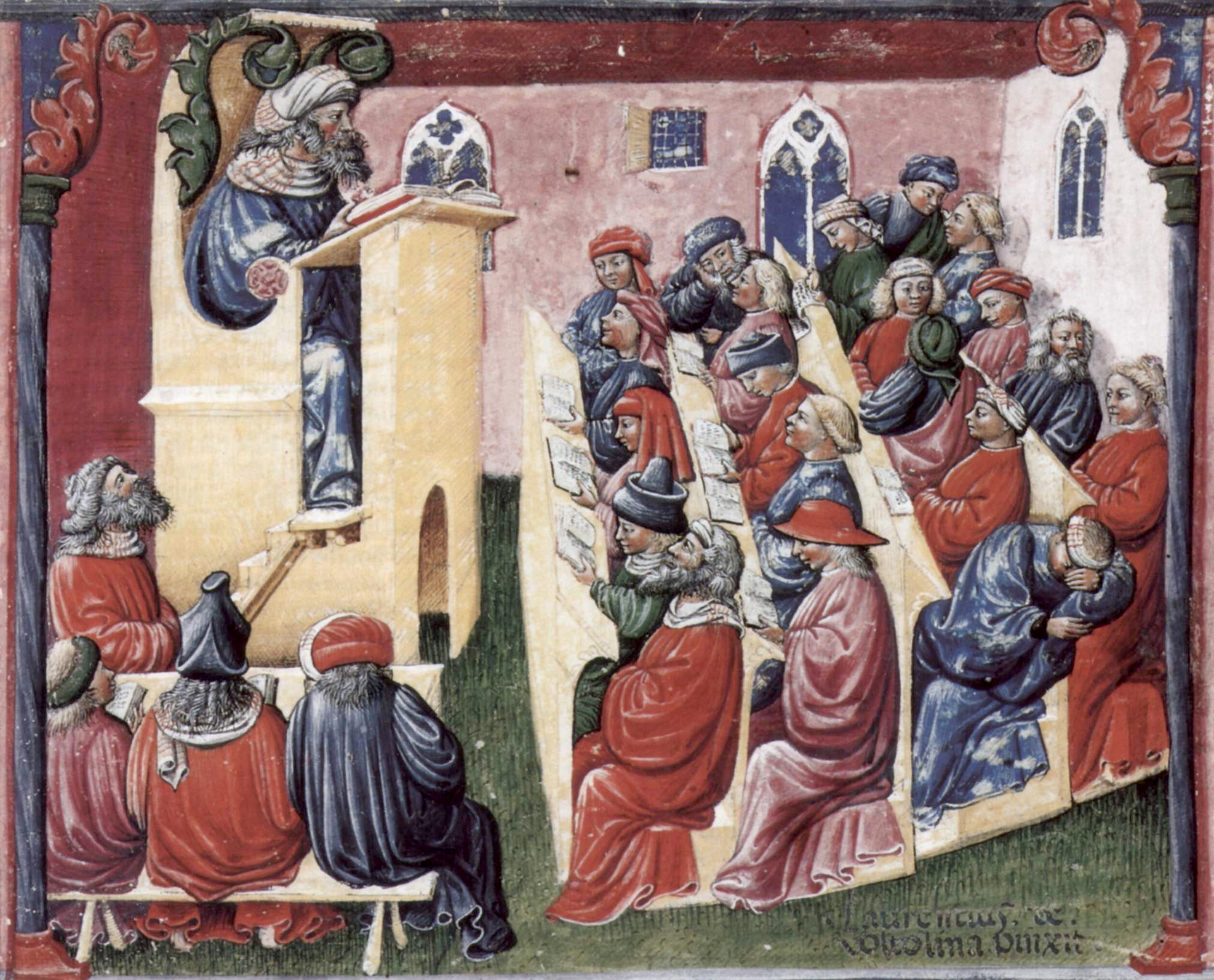 Henrique da Alemanha dando aula na Universidade de Bologna, c. 1350-60. Laurentius de Voltolina ( Itália, ativo em Bologna na segunda metade do século XIV)