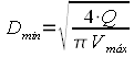 D min igual a raiz de 4 Q sobre pi V máx