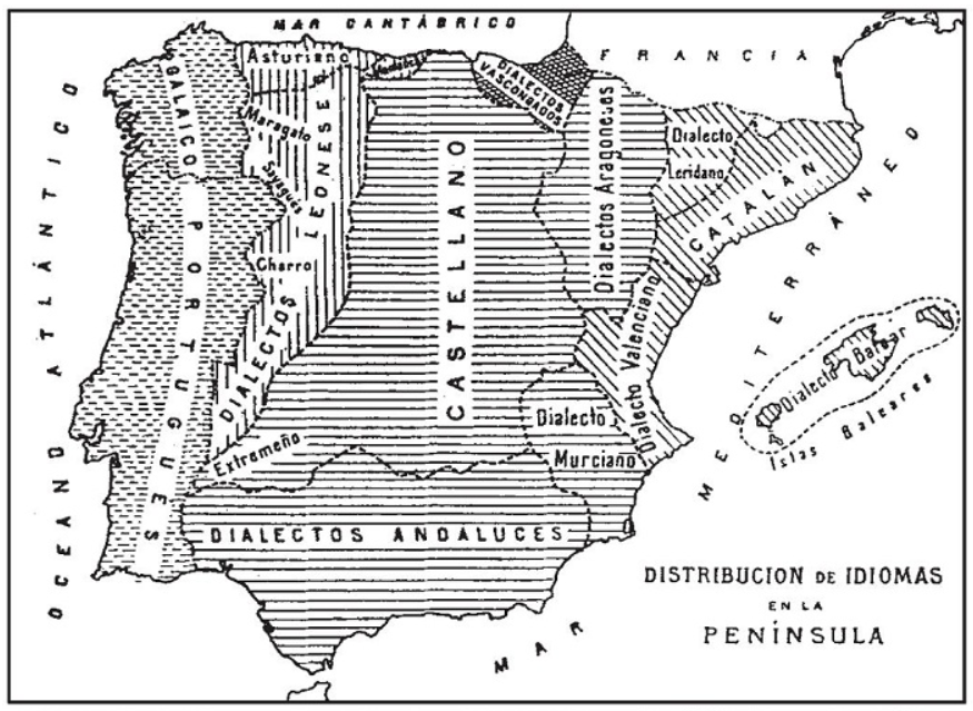 Distribución de idiomas en la Península. Fonte: Echeverría, L. Martín. Geografia de España. Labor: Barcelona; 1928. p. 134.