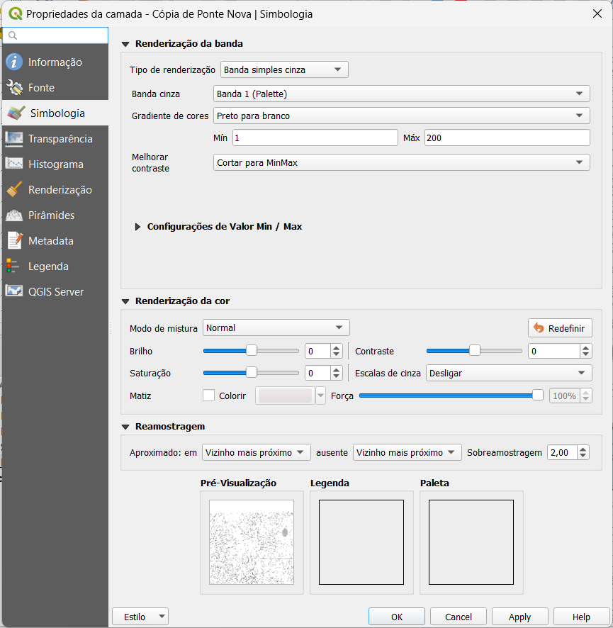 opções de visualização da folha no QGIS