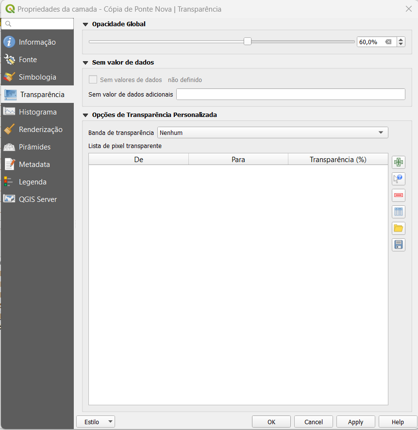 opção de transparência no QGIS