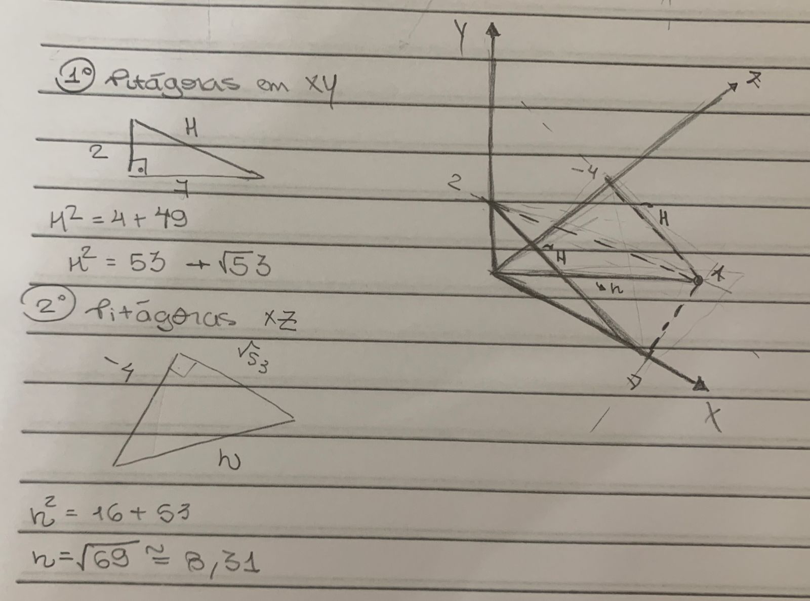 Colocando o ponto A(7,2-4) e a origem (0,0) no plano cartesiano, tem-se dois triângulos pitagóricos e, com pitágoras,a distân