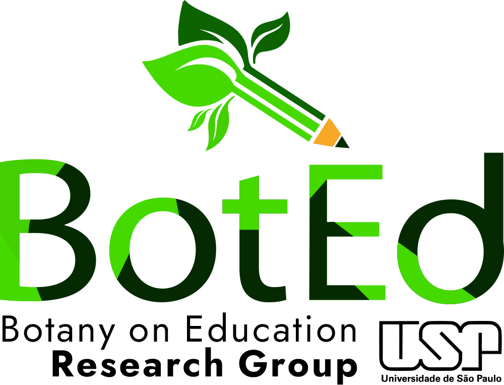 Letras B O T E D e símbolo  composto por um lápis fundido à folhas, nas cores verde claro e escuro.